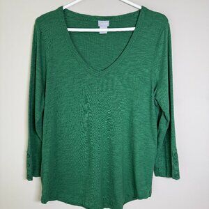 Chico’s Green V-Neck 3/4 Sleeve Top – Button Cuff Detail